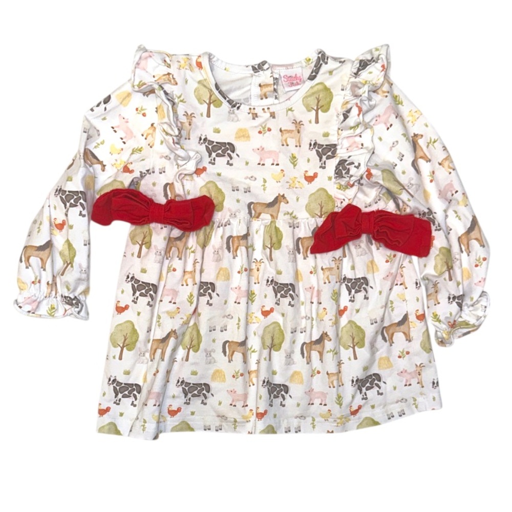EEUC Stitchy Fish Farm Animal Print knit top with bow Accents size 2t